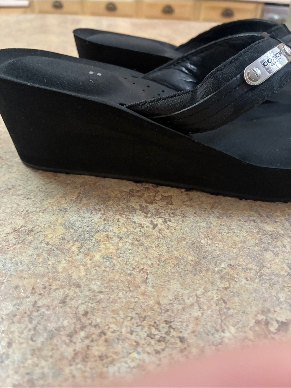 Coach Black Wedge Thong Sandals with Logo Plaque - Picture 2 of 4